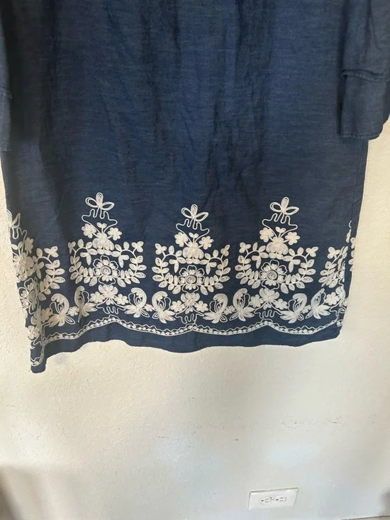 Denim Inspired Chambray Shift Dress White Floral Embroidered Tiered Bell Sleeves - Picture 2 of 8